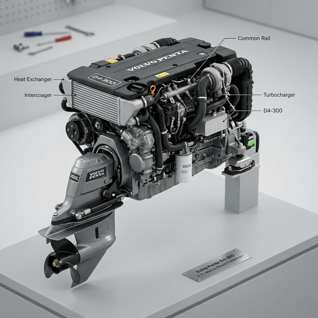 Volvo Penta D4 Marine Engines -The Complete Buyer’s Guide for Offshore Power and Efficiency Volvo Penta D4-300 marine diesel engine with labels for heat exchanger, intercooler, common rail, and turbocharger