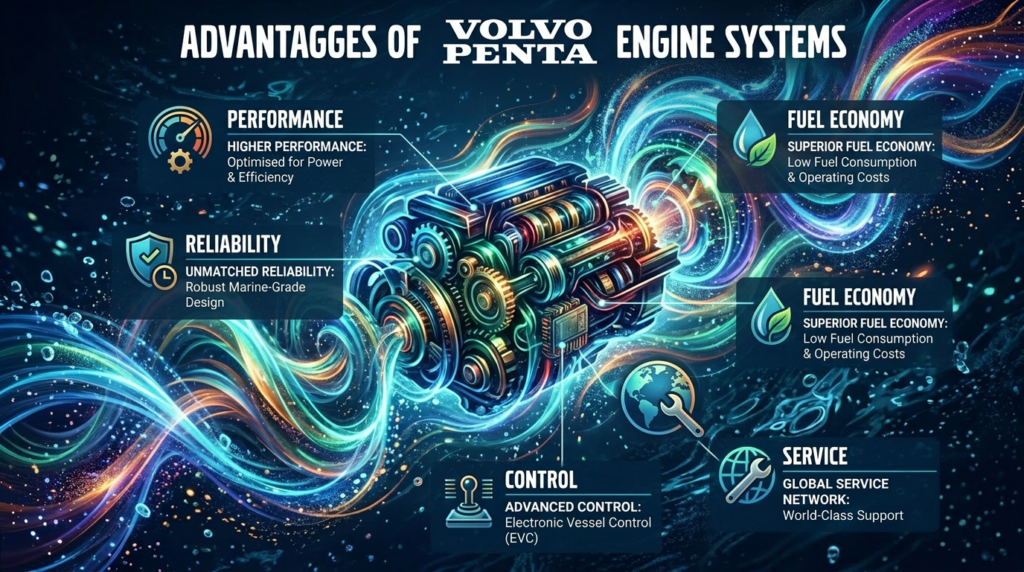 Volvo Penta D4 Marine Engines -The Complete Buyer’s Guide for Offshore Power and Efficiency Brightly colored glowing energy streams surrounding a complex mechanical device with gears and cylinders
