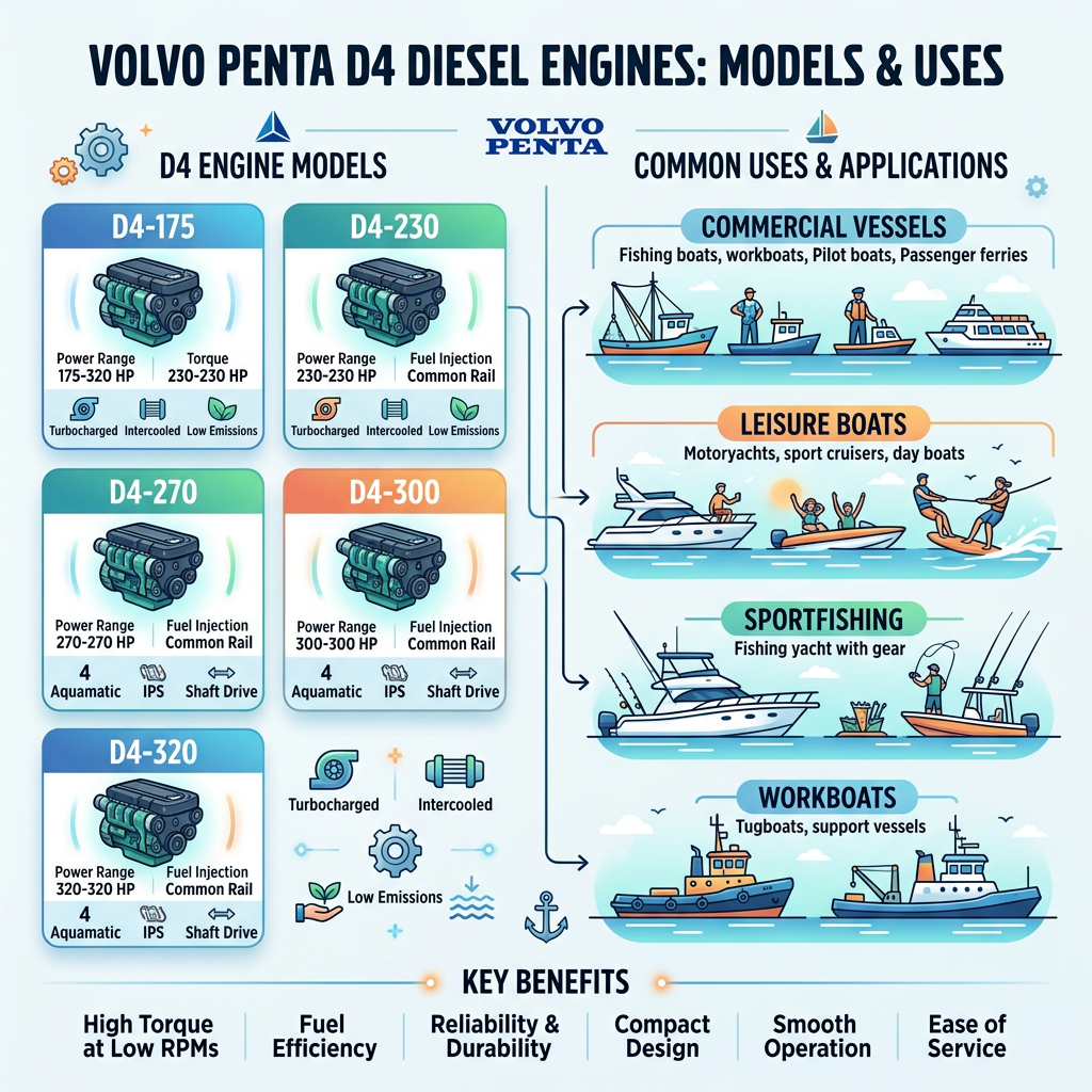 Volvo Penta D6 Marine Engines - The Complete Buyer’s Guide for High-Performance Offshore Power Infographic listing Volvo Penta D6 models and uses